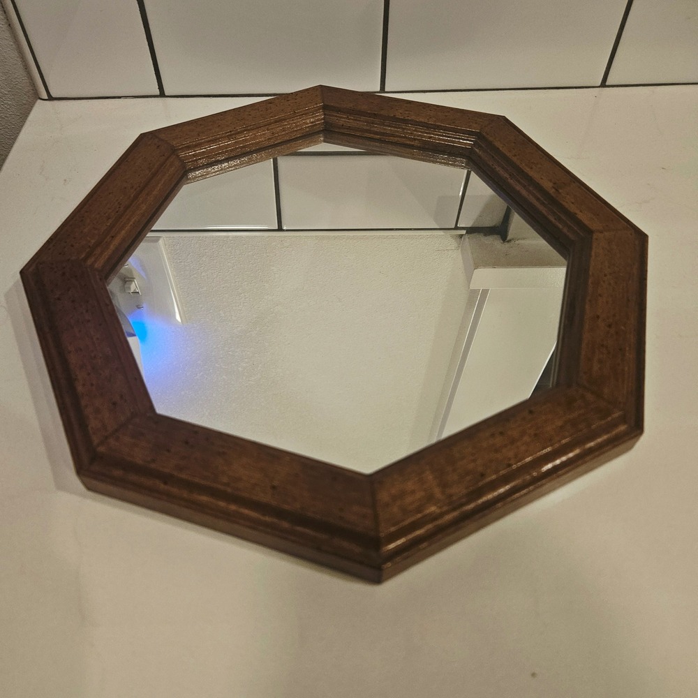 Vintage Octagonal Wood Wall Mirror Brown Geometric 11.25 Inch Small Accent